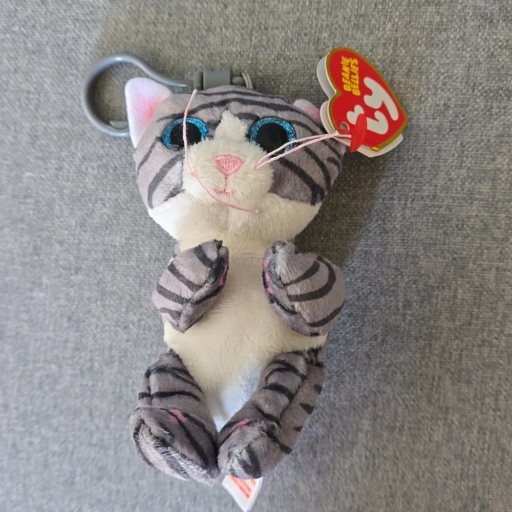 Ty Gray & White Striped Cat Plush Key Clip Kwychain, NWT